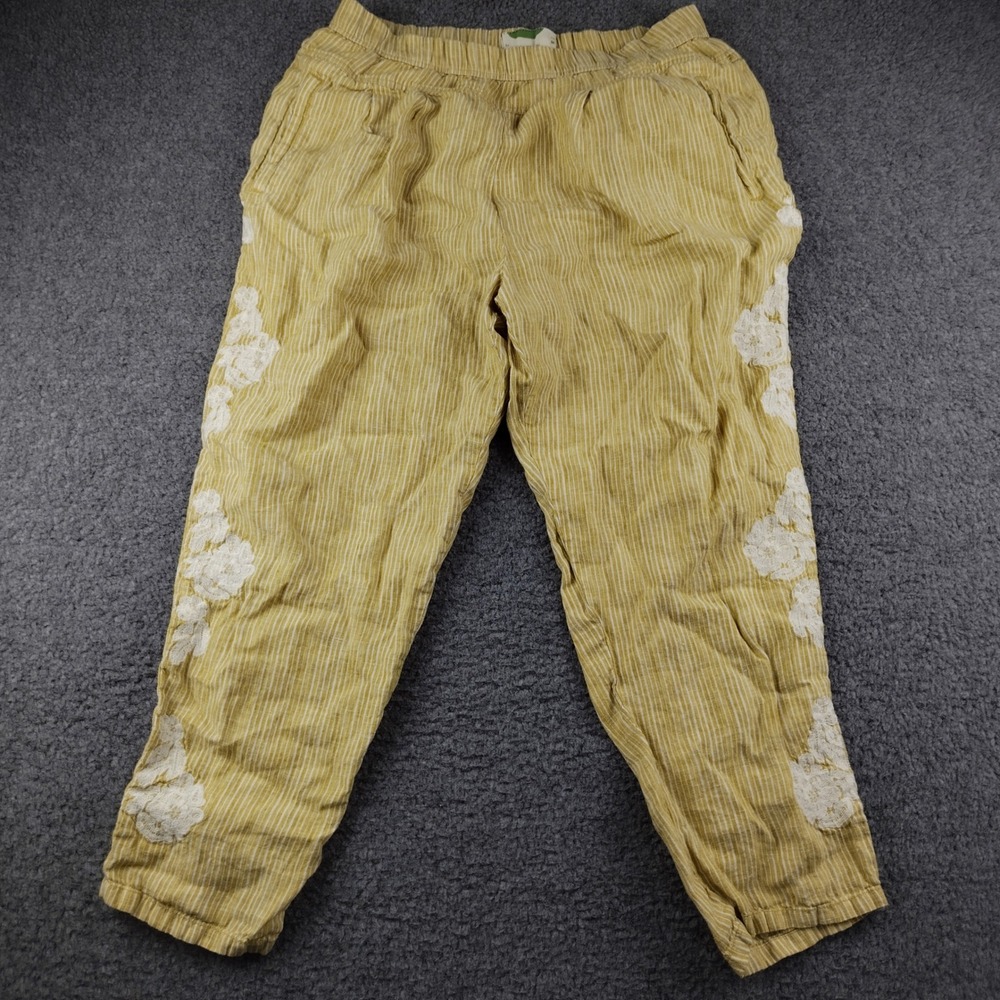 Anthropologie Linen Pants Sz Medium Yellow Striped Floral Embroider EUC